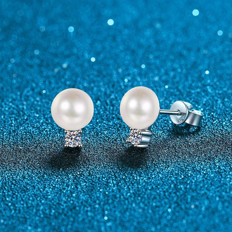 Boucles d'oreilles en perle avec moissanite de 0,10 carat, argent 925, cadeau parfait, vue complète des détails